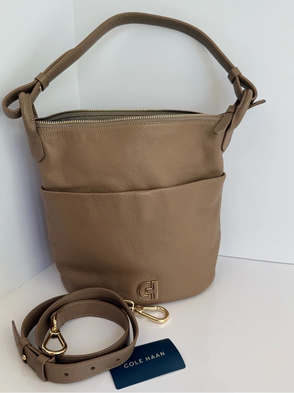 Cole Haan Pebbled Taupe Leather Shoulder Bag with Gold Hardware - Picture 2 of 9